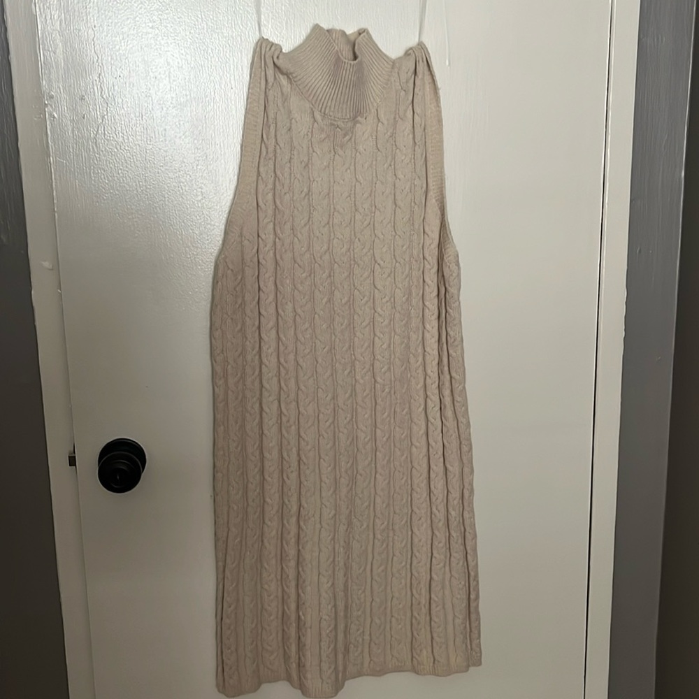 Beige Sleeveless Turtle Neck Sweater Dress